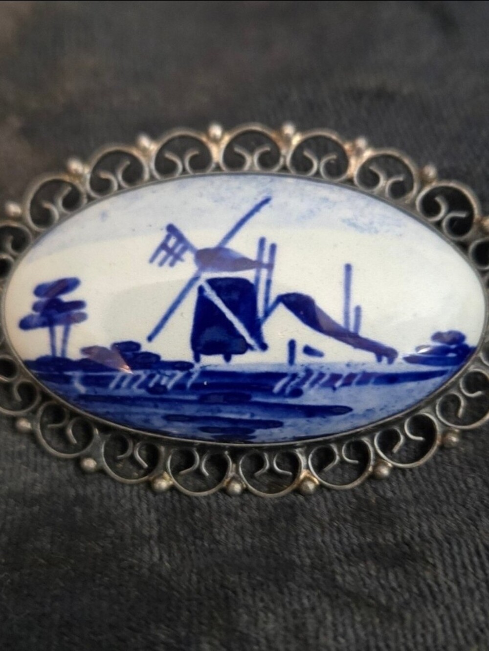 Vintage Blue Windmill Porcelain Brooch Silver Tone Filigree